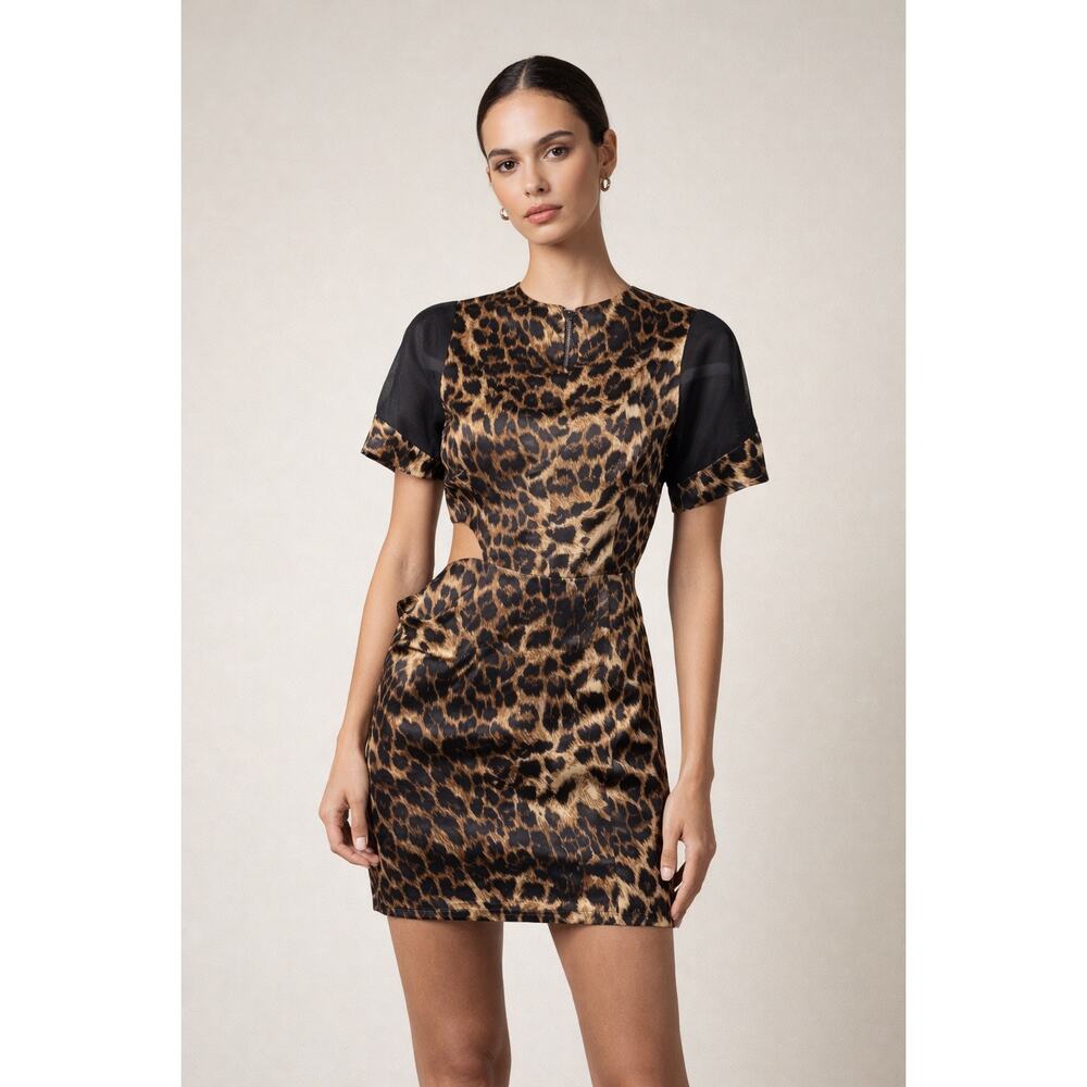 Kimberly Taylor Silk Leopard Print Cutout Dress Sheer Mesh Sleeves Small